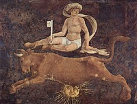 Fresco representing the Months of March, April and May in Palazzo Schifanoia. Scene: April - The Triumph of Venus; detail: Taurus and a slave figure representing Spring.