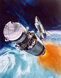 Original description:NATIONAL AERONAUTICS AND SPACE ADMINISTRATIONFOR RELEASE: May 16, 1978No. 78-H-237, 78-HC-189SUNWARD BOUND - Two proposed solar polar spacecraft, nested atop the Space Shuttle's Solid Spinning Upper Stage, begin a voyage to the Sun's polar regions by way of Jupiter. The spacecraft, one designed and built by NASA, the second by the European Space Agency, would be launched in 1983. Jet Propulsion Laboratory would have management responsibility for the U.S. spacecraft and would be control center for the mission.