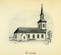 Tråvads kyrka år 1888 i Laske härad, Skara stift, Västergötland, Sverige. Teckning av Ernst Wennerblad ur Skara stifts kyrkor (1902).