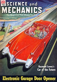 "Car of the Future" as conceived by Studebaker's Director of Styling, Raymond Loewy, in the August 1950 issue of Science and Mechanics. Loewy wrote about the new styling for "tomorrow's rocket age population" but dismissed the idea of clear plastic tops and turbine engines. The three point front end was a design feature on the 1951 Studebaker. Some of the other elements of this concept model influenced the 1953 Studebaker Starliner.The cover art was done by Arthur C. Bade, a staff illustrator for Science and Mechanics from 1944 to 1955.This magazine cover was lightly soiled and had a few minor folds, scratches and cuts. It was scanned with an Epson Perfection V500 scanner and saved as a 400 dpi tiff file. The restoration was done in Adobe Photoshop Elements. The magazine size is 6.5 by 9.25 inches (165 by 235 mm) and has 224 pages.