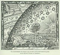 The Flammarion engraving is a wood engraving by an unknown artist that first appeared in Camille Flammarion's L'atmosphère: météorologie populaire (1888). The image depicts a man crawling under the edge of the sky, depicted as if it were a solid hemisphere, to look at the mysterious Empyrean beyond. The caption translates to "A medieval missionary tells that he has found the point where heaven and Earth meet..."