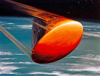 A North American Rockwell Corporation artist's concept depicting the Apollo Command Module (CM), oriented in a blunt-end-forward attitude, re-entering Earth's atmosphere after returning from a lunar landing mission. Note the change in color caused by the extremely high temperatures encountered upon re-entry.