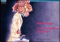 Title Stop Smoking-Come Out Smelling Like A Rose PosterDescription The poster "Stop Smoking-Come Out Smelling Like A Rose" shows an illustration of a professional woman, with a bouquet of roses, in place of her head, tossing a pack of cigarettes into a trash can. The title is in red letters on a purple background. The woman's suit is camel colored.Topics/Categories Historical, Graphics Risk Factors and CausesType Color, PhotoSource National Cancer Institute