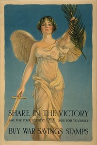 Title: Share in the victory--Save for your country--Save for yourself--Buy War Savings StampsAbstract: Poster showing an allegorical female figure holding a sword and a palm branch. Physical description: 1 print (poster) : lithograph, color ; 77 x 51 cm.Notes: No. WS-A2.; Haskell Coffin ; Mural Advertising, Rusling Wood.