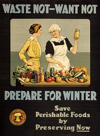 World War I poster. "Waste not, want not. Prepare for winter. Save perishable foods by preserving now."