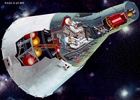 Artist's concept of a two-man Gemini spacecraft in flight, showing a cutaway view.