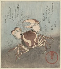 A large crab, with open pincers, runs along the waterfront. The crab was often used as a personal emblem of the poet Bunbunsha Kanikomaru (1780-1837). With two poems. This artwok by Utagawa Kunisada.