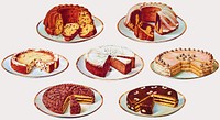 Selected illustrations from the cookbook Dra. Oetkera przepisy dla skrzętnych gospodyń [Dr. Oetker's recipes for industrious housewives] (Poland, 1930s). Left to right, top row: Bundt cake (baba), chocolate (marble) Bundt cake;middle row: cheesecake (sernik), spice cake (piernik), hazelnut torte;bottom row: chocolate and coffee torte, poppyseed torte