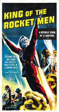 Poster for the 1949 film King of the Rocket Men.The item has no copyright markings on it as can be seen in the links above. At bottom is Country of origin USA, 3 Sht-Art-King of the Rocket Men-R56=4804-48814United States Copyright Office page 2 "Visually Perceptible Copies The notice for visually perceptible copies should contain all three elements described below. They should appear together or in close proximity on the copies.1 The symbol © (letter C in a circle); the word “Copyright”; or the abbreviation “Copr.”2 The year of first publication. If the work is a derivative work or a compilation incorporating previously published material, the year date of first publication of the derivative work or compilation is sufficient. Examples of derivative works are translations or dramatizations; an example of a compilation is an anthology. The year may be omitted when a pictorial, graphic, or sculptural work, with accompanying textual matter, if any, is reproduced in or on greeting cards, postcards, stationery, jewelry, dolls, toys, or useful articles.3 The name of the copyright owner, an abbreviation by which the name can be recognized, or a generally known alternative designation of owner.1 Example © 2007 Jane Doe."