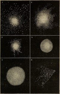 Identifier: elementsofastron00lock (find matches)Title: Elements of astronomy: accompanied with numerous illustrations, a colored representation of the solar, stellar, and nebular spectra, and celestial charts of the northern and the southern hemisphereYear: 1875 (1870s)Authors: Lockyer, Norman, Sir, 1836-1920Subjects: AstronomyPublisher: New York, D. Appleton and companyContributing Library: The Library of CongressDigitizing Sponsor: The Library of CongressView Book Page: Book ViewerAbout This Book: Catalog EntryView All Images: All Images From BookClick here to view book online to see this illustration in context in a browseable online version of this book.Text Appearing Before Image:nsist of separate stars. These aresubdivided into Ordinary Clusters andGlobular Clusters. Clusters and nebulae are designated by their number in the catalogueswhich have been made of them by different astronomers. The mostimportant of these catalogues are those of Messier, Sir William Herschel,and Sir John Herschel. About 5,400 nebulae have been observed. 88. Of the Ordinary Star-clusters, the magnificent onesin the constellations Libra and Hercules (represented inFigs. 1 and 2, on page 47) may be mentioned as amongthose which are best seen in telescopes of moderate power.The Globular Clusters are well represented by those inSerpens and Aquarius (see Figs. 4 and 5, p. 47). 8q. Other Universes.—Some of the clusters which lie stars? In what groups is this tendency further exhibited? 87. Into what twoclasses are assemblages of stars divided ? How are clusters and nebulae desig-nated? 88. Mention some of the Ordinary Star-clusters. Mention two Globular OEDINAEY AND GLOBULAE CLUSTEES. 47Text Appearing After Image:STAR-CLUSTERS. 1. In Libra. 2. In Hercules. 3. In Capricornus. 4. In Serpens.5. In Aquarius. 6. In Gemini, 48 STAE-CLUSTEES. out of our universe, and which we must regard as otheruniverses, are at such immeasurable distances, and aretherefore so faint, that even the most powerful telescopesfail to reveal their real shape and boundaries. There is agradual fading away at the edge, the last traces of whichappear either as a luminous mist or cloud-like filament,which becomes finer till it ceases altogether to be seen.The Dumb-Bell Cluster, in Vulpecula, and the Crab Clus-ter, in Taurus, both of which have been resolved into stars,are instances of this. It is proper to say, however, that some astronomers believe all thevisible star-clusters and nebulae to belong to our star-system or universe,which, if this be so, must include within itself miniatures of itself on agreatly reduced scale. 90. In some of these star-clusters, the increase of bright-ness from the edge to the centre is so rapidNote About ImagesPlease note that these images are extracted from scanned page images that may have been digitally enhanced for readability - coloration and appearance of these illustrations may not perfectly resemble the original work.