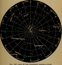 Identifier: astronomyforhigh00newc (find matches)Title: Astronomy for high schools and collegesYear: 1881 (1880s)Authors: Newcomb, Simon, 1835-1909 Holden, Edward Singleton, 1846-1914, joint authorSubjects: AstronomyPublisher: New York, H. Holt and CompanyContributing Library: The Library of CongressDigitizing Sponsor: The Library of CongressView Book Page: Book ViewerAbout This Book: Catalog EntryView All Images: All Images From BookClick here to view book online to see this illustration in context in a browseable online version of this book.Text Appearing Before Image:oman numeralsaround the margin show the meridians of right ascension,one for every hour. In order to have the map representthe northern constellations exactly as they are, it must beheld so that the hour of sidereal time at which the observeris looking at the heavens shall be at the top of the map.SupjDOsing the observer to look at nine oclock in the even-ing, the months around the margin of the map show theregions near the zenith. He has therefore only to hold themap with the month upward and face the north, when hewill have the northern heavens as they appear, exceptthat the stars near the bottom of the map will be cut o£Eby the horizon. The first constellation to be looked for is Ursa Major, THE (JONSTELLA TIONS. 423 the Great Bear, familiarly known as the Dipper. Thetwo extreme stars in this constellation point toward thepole-star, as already explained in the opening chapter. Ursa Minor, sometimes called the Little Dipper, isthe constellation to which the pole-star belongs. AboutText Appearing After Image:MAP OF THE NORTHERN CONSTELLATIONS. 15° from the pole, in right ascension XY. houi-s, is a starof the second magnitude, ^ Ursce Minor is, about as brightas the pole-star. A curved row of three small stars liesbetween these two bright ones, and forms the handle ofthe supposed dipper. 424 ASTRONOMY. da, or * the Lady in the Chair, is near hour Iof right ascension, on the opposite side of the pole-starfrom Ursa Major, and at nearly the same distance.The six brighter stars are supposed to bear a rude resem-blance to a chair. In mythology, Cassiopeia was the queenof Cepheus, and in the mythological representation of theconstellation she is seated in the chair from which she isissuing her edicts. In hour III of right ascension is situated the constella-tion Perseus, about 10° further from the pole than Cas-siopeia. The Milky Way passes through these two con-stellations. Draco, the Dragon, is formed principally of a longrow of stars lying between Ursa Major and Ursa Minor.The head of the mNote About ImagesPlease note that these images are extracted from scanned page images that may have been digitally enhanced for readability - coloration and appearance of these illustrations may not perfectly resemble the original work.