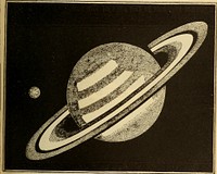 The comparative size of Earth and SaturnIdentifier: astronomyforuseo00gill (find matches)Title: Astronomy for the use of schools and academiesYear: 1882 (1880s)Authors: Gillet, J. A. (Joseph Anthony), 1837-1908 Rolfe, W. J. (William James), 1827-1910Subjects: AstronomyPublisher: New York : Potter, Ainsworth, & Co.Contributing Library: The Library of CongressDigitizing Sponsor: The Library of CongressView Book Page: Book ViewerAbout This Book: Catalog EntryView All Images: All Images From BookClick here to view book online to see this illustration in context in a browseable online version of this book.Text Appearing Before Image:with a dingy, reddish light,as if seen through a smoky atmosphere. 265. Volume and Density of Saturn. — The real diame-ter of Saturn is about seventy thousand miles, and itsvolume over seven hundred times that of the earth. Thecomparative size of the earth and Saturn is shown in Fig.286. This planet is a little more than half as dense asJupiter. 266. The Sidereal and Synodical Periods of Saturn.—Saturn makes a complete revolution round the sun in aperiod of about twenty-nine years and a half, moving inhis orbit at the rate of about six miles a second. The ASTRONOMY. 257 planet passes from opposition to opposition again in aperiod of three hundred and seventy-eight days, or thirteendays over a year. 267. Physical Constitution of Saturn. — The physicalconstitution of Saturn seems to resemble that of Jupiter;but, being twice as far away, the planet cannot be so wellstudied. The farther an object is from the sun, the less itis illuminated; and, the farther it is from the earth, theText Appearing After Image:Fig. 286. smaller it appears : hence there is a double difficulty inexamining the more distant planets. Under favorable cir-cumstances, the surface of Saturn is seen to be diversifiedwith very faint markings ; and, with high telescopic powers,two or more very faint streaks, or belts, may be discernedparallel to its equator. These belts, like those of Jupiter,change their aspect from time to time ; but they are so faintthat the changes cannot be easily followed. It is only on■are occasions that the time of rotation can be determined:rom a study of the markings. 258 ASTRONOMY, 268. Rotation of Saturn. — On the evening of Dec. 7,1876, Professor Hall, who had been observing the satellitesof Saturn with the great Washington telescope (18), saw abrilliant white spot near the equator of the planet. Itseemed as if an immense eruption of incandescent matterhad suddenly burst up from the interior. The spot gradu-ally spread itself out into a long light streak, of which thebrightest point waNote About ImagesPlease note that these images are extracted from scanned page images that may have been digitally enhanced for readability - coloration and appearance of these illustrations may not perfectly resemble the original work.