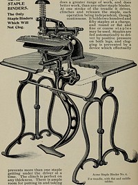 Identifier: specimensoftypeb00amer (find matches)Title: Specimens of type, borders, ornaments, brass rules and cuts, etc. : catalogue of printing machinery and materials, wood goods, etcYear: 1897 (1890s)Authors: American Type Founders CompanySubjects: Type and type-founding Printing Printing machinery and suppliesPublisher: Chicago : American Type FoundersContributing Library: Harold B. Lee LibraryDigitizing Sponsor: Brigham Young UniversityView Book Page: Book ViewerAbout This Book: Catalog EntryView All Images: All Images From BookClick here to view book online to see this illustration in context in a browseable online version of this book.Text Appearing Before Image:rices for machines for power include countershaft and hangers. If these are not required,the prices of power machines will be $30 additional to prices of treadle machines. STEEL PAGING AND NUMBERING FIGURE=HEADS. Four-roll, to number 10,000, $50.00 Six-roll, to number 1,000,000, $70.00Five-roll, to number 100,000, 60.00 \ F)xtra repeater 3.00 Prices of numbering heads include one repeater. Styles of figures sent on application. 901 AMERICAN TYPE FOUNDERS CO. ACME STAPLE BINDERS. The OnlyStaple BindersWhich WillNot Clog. The No. 6 Acme Wire vStaple Binderdoes a greater range of work, and doesbetter work, than any other staple binder.At one stroke of the treadle it drives,clinches and releases the staple, eachoperation being independent, thoughcontinuous. It holds two hundred andfifty staples at a charge,and round or flat andfine or coarse staplesmay be used. Staples arefed automatically to dri-ver by positive pressureon both legs, and clog-ging is prevented by adevice which effectuallyText Appearing After Image:prevents more than one staple getting under the driver at a time. The clinch is perfect on any thickness. There is ample room for putting in and taking out work, as the driver arm lifts more than an inch above the table after each clinch space under the arm for calendar work. movement. Kvery machine is furnished Will bind to a thickness of ^ inch. The No. 4 Acme is very similar in appearance to the No. 6, and willstitch the same thickness on ordinary paper, but it uses only round fine Acme Staple Binder No. 6. For treadle, with flat and saddletables. There is a longThe treadle has a positivewith a strong iron stand. 902 EVERYTHING FOR THE PRINTER staples, which cannot be used successfully on coated or filled paper un-less such work is li^ht. This machine is specially adapted for staplingthe average run ot pamphlets, calendars, sample work, etc. It doesboth flat and saddle-back work. It has the device for prevention ofclogging, and the clinching is done by the pressure of the blade whiNote About ImagesPlease note that these images are extracted from scanned page images that may have been digitally enhanced for readability - coloration and appearance of these illustrations may not perfectly resemble the original work.