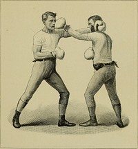 Identifier: fencing1890poll (find matches)Title: FencingYear: 1890 (1890s)Authors: Pollock, Walter Herries, 1850-1926 Grove, F. C Prevost, Camille Michell, E. B Armstrong, Walter Castle, Egerton, 1858-1920Subjects: Fencing Boxing WrestlingPublisher: London : Longmans, GreenContributing Library: Boston College LibrariesDigitizing Sponsor: Boston Library Consortium Member LibrariesView Book Page: Book ViewerAbout This Book: Catalog EntryView All Images: All Images From BookClick here to view book online to see this illustration in context in a browseable online version of this book.Text Appearing Before Image:uth. Never shut the eyes. Never cross the legs, or get them close together. Never lose your temper or your courage. Never enter or leave the ring in a set-to with a strangerwithout shaking hands with him. Never, if you can avoid it, work round to your left. Never, if you can help it, let your opponent stand betweenyou and a strong light. Never let your right foot be in front of the left. Never turn your back or run away. Do not rush after a man who is retreating in good order. Amongst affirmative precepts the following are worthremembering :— Hit with the big knuckles of the hand, and not with thethumb or small knuckles. Having led-off, whether you hit or miss, get away again outof distance. If you are the shorter man, do not * stand still to be shotat, but do most of the leading-off. Unless you can show thatyou are distinctly the quicker and cleverer man, length of reachwill tell, and you will pay the penalty of your inches. If you are much the hghter man, do not make your lead-oifText Appearing After Image:Figure XVI.—Left-hand cross-counter THE ART OF BOXING 169 heavy, but draw your man, and at every opportunity counterhim with your whole strength and weight. Having got home a hit, do not at once attempt to repeat it,for you may very hkely be countered next time. If you are getting the best of a round be very careful, andkeep out of distance. Let well alone, and ^spar for time.You need not do better, and you may do worje. Always retain your *form, even if the other man displaysgross faults of style and attitude. By imitating his style youabandon one of your chief advantages. A word should be said here as to the duties and powers ofjudges and referees. There is this unquestionable defect inboxing with gloves, as compared either with pugilism or withracing and games of most kinds, that it depends upon thejudgment of the bystanders, or some of them, to decide whichis the better man. Something has already been said aboutthe leading principles which should guide a judge in giving hisverdiNote About ImagesPlease note that these images are extracted from scanned page images that may have been digitally enhanced for readability - coloration and appearance of these illustrations may not perfectly resemble the original work.