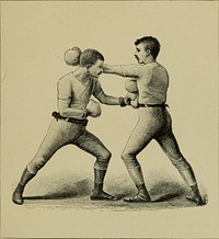 Identifier: fencing1890poll (find matches)Title: FencingYear: 1890 (1890s)Authors: Pollock, Walter Herries, 1850-1926 Grove, F. C Prevost, Camille Michell, E. B Armstrong, Walter Castle, Egerton, 1858-1920Subjects: Fencing Boxing WrestlingPublisher: London : Longmans, GreenContributing Library: Boston College LibrariesDigitizing Sponsor: Boston Library Consortium Member LibrariesView Book Page: Book ViewerAbout This Book: Catalog EntryView All Images: All Images From BookClick here to view book online to see this illustration in context in a browseable online version of this book.Text Appearing Before Image:yard orso to the opponents left. If there is any danger of receiving ablow from the left during the operation, duck the head andlower the body so that the blow passes overhead, or if aimed atthe body hits the point of the left shoulder. When well done,this stratagem leaves the other man pointing at nothing andoften hitting or advancing against the empty air (see Fig. VI.).A side step to the left may be effected somewhat similarly ; butit should never be resorted to except in extreme emergencies,to avoid being forced by a heavier man into a corner or on tothe ropes. Another mode of shifting ground, more properlycalled * slipping, is shown in Fig. VII. Here the left foot is raisedand set down again at a point to the left of the adversary, theright following it and coming down in position behind it. Theweak part of this movement is that it exposes the left side to avery damaging blow. The proper style of breaking ground orshifting, or slipping, is by movements to the right, avoiding theText Appearing After Image:Figure XI.—Lead-off at the body THE ART OF BOXING 157 bruises it a good deal. That result may also be deliberatelyintensified in guarding a round hit. With this object feintyour man with the left, and, instead of delivering a full blow,turn up the elbow sharply, leaning the head and body forward.The fleshy part of your assailants arm will come full on thesharp corner of the elbow, and he will have had a lesson noteasily forgotten. In like manner a cross-counter aimed byhim at the body, if it looks like getting home, may be stoppedby sticking out the left elbow, holding the fist low, and thepain inflicted on the foe will be very severe. With a man whostands left foot foremost and leads off with the right, the sametactics may be employed with great effect, or the left arm maybe passed upwards, as the right is in guarding a left-hand lead-off. In * in-fighting or boxing at close quarters, both armsmay be raised, as occasion occurs, and the elbows seasonablypresented between the intervaNote About ImagesPlease note that these images are extracted from scanned page images that may have been digitally enhanced for readability - coloration and appearance of these illustrations may not perfectly resemble the original work.