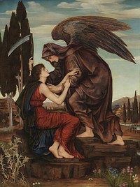An artistic depiction of the angel of death. Painted in 1881 by Evelyn De Morgan, née Pickering (1855-1919).Source: http://wendydenise13.tripod.com/fineart1/morgan-angelofdeath.jpg (found inactive 2006-10-27)Alternate source: http://www.elp.it/bygothic/immagini/arte/demorgan/15.jpeg (accessed 2006-10-27)