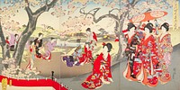 A triptych in the ukiyo-e style depicting a Hanami (flower-viewing party) in the Ōoku (harem) of the Edo Castle at Chiyoda.