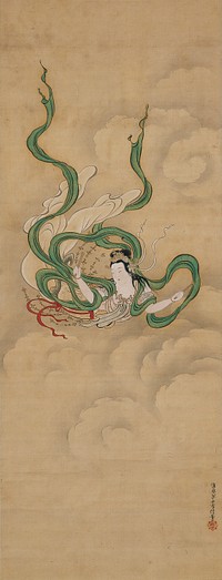 Kiyohara Yukinobu, Japanese, 1643 - 1682; Flying Celestial (Apsaras); second half 17th century; Hanging scroll; Ink, color, and gold on silk; 45 7/8 × 17 5/8 in. (116.52 × 44.77 cm) (image)77 5/16 × 22 1/4 in. (196.37 × 56.52 cm) (mount, without roller); Minneapolis Institute of Art; Mary Griggs Burke Collection, Gift of the Mary and Jackson Burke Foundation; L2015.33.70