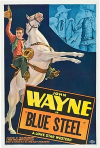 Poster for the 1934 film Blue Steel.The item has no copyright markings on it as can be seen in the links above. At bottom left is Made in USA #3600. At bottom right is a logo for Tooker Litho Co., NY-they printed the poster.United States Copyright Office page 2 "Visually Perceptible Copies The notice for visually perceptible copies should contain all three elements described below. They should appear together or in close proximity on the copies.1 The symbol © (letter C in a circle); the word “Copyright”; or the abbreviation “Copr.”2 The year of first publication. If the work is a derivative work or a compilation incorporating previously published material, the year date of first publication of the derivative work or compilation is sufficient. Examples of derivative works are translations or dramatizations; an example of a compilation is an anthology. The year may be omitted when a pictorial, graphic, or sculptural work, with accompanying textual matter, if any, is reproduced in or on greeting cards, postcards, stationery, jewelry, dolls, toys, or useful articles.3 The name of the copyright owner, an abbreviation by which the name can be recognized, or a generally known alternative designation of owner.1 Example © 2007 Jane Doe."