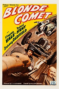 Poster for the 1941 film The Blonde Comet.The item has no copyright markings on it as can be seen in the links above. At bottom right is the PRC logo and Litho in USA/United States Copyright Office page 2 "Visually Perceptible Copies The notice for visually perceptible copies should contain all three elements described below. They should appear together or in close proximity on the copies.1 The symbol © (letter C in a circle); the word “Copyright”; or the abbreviation “Copr.”2 The year of first publication. If the work is a derivative work or a compilation incorporating previously published material, the year date of first publication of the derivative work or compilation is sufficient. Examples of derivative works are translations or dramatizations; an example of a compilation is an anthology. The year may be omitted when a pictorial, graphic, or sculptural work, with accompanying textual matter, if any, is reproduced in or on greeting cards, postcards, stationery, jewelry, dolls, toys, or useful articles.3 The name of the copyright owner, an abbreviation by which the name can be recognized, or a generally known alternative designation of owner.1 Example © 2007 Jane Doe."