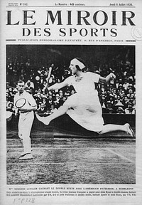 Front cover of Le Miroir des sports, first issue [n° 342], July 8th, 1920, with Suzanne Lenglen and Gerald Patterson after their title in the mixed doubles tournament of the Wimbledon Championships. Patterson is erroneously described as American instead of Australian in the captions of the cover.