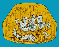 An artist's concept illustrating a cutaway view of the general arrangement of the Skylab Rescue Command Module (CM). The standard Skylab CM accommodates a crew of three with storage lockers on the aft bulkhead for resupply of experiment film and other equipment as well as the return of exposed film, data tapes and experiment samples. To convert the standard CM to a rescue vehicle, the storage lockers are removed and replaced with two crew couches in order to seat five crewmen. The rescue CM would then be launched with a crew of two.