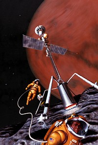 Image Title:Exploration ImageryDescription:Artist's concept of possible exploration programsS86-25375 (1986) --- (Artist's concept of possible exploration programs.)On Phobos, the innermost moon of Mars and likely location for extraterrestrial resources, a mobile propellant-production plant lumbers across the irregular surface. Using a nuclear reactor the large tower melts into the surface, generating steam which is converted into liquid hydrogen and liquid oxygen.