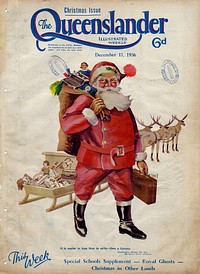 Photographer: unidentifiedLocation:Description:Caption: It is easier to type than write - own a Corona. MacDougalls (Q'land) Pty Ltd., Queen St., Brisbane.The cover of christmas issue of the Queenslander features Santa, his sleigh and reindeer. Santa carries a large sack of presents over one shoulder and has a briefcase in his other hand. The sleigh too is loaded with presents including dolls and a typewriter.View this page at the State Library of Queensland http://hdl.handle.net/10462/deriv/225316Information about State Library of Queensland’s collection: http://www.slq.qld.gov.au/resources/picture-queensland