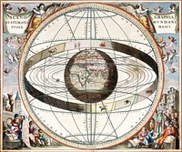 From Andreas Cellarius Harmonia Macrocosmica, 1660/61. Chart showing signs of the zodiac and the solar system with world at centre.Plate 2: SCENOGRAPHIA SYSTEMATIS MVNDANI PTOLEMAICI - Scenography of the Ptolemaic cosmography.Title: Scenographia systematis mvndani Ptolemaici [cartographic material].Publisher: [Amsterdam : s.n., 1660]Physical Description: 1 map : col. ; 38 cm. in diam.Notes: "444" in top right hand margin in pencil.Rex Nan Kivell Collection Map NK 10241. Call Number: MAP NK 10241Amicus Number: 9995246