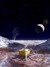 This artist's rendering illustrates a conceptual design for a potential future mission to land a robotic probe on the surface of Jupiter's moon Europa. The lander is shown with a sampling arm extended, having previously excavated a small area on the surface. The circular dish on top is a dual-purpose high-gain antenna and camera mast, with stereo imaging cameras mounted on the back of the antenna. Three vertical shapes located around the top center of the lander are attachment points for cables that would lower the rover from a sky crane, which is envisioned as the landing system for this mission concept. An alternate version of this artwork, with a vertical orientation, is also available (see Figure 1).