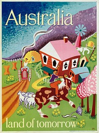 Australian Government poster - "Australia: land of Tomorrow". This poster was displayed between 1949 and 1951 in reception rooms and dining halls at various migrant reception centers in Australia. It was placed to introduce and entice newcomers to Australia. The creator of this colourful and light-hearted poster, Joe Greenberg, was told later by a Czech migrant that it had been displayed in all the migrant camps in Europe, and had influenced him to come to Australia.