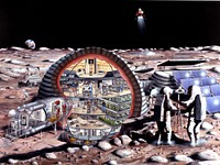 Inflatable module for lunar base: With a number of studies ongoing for possible lunar expeditions, many concepts for living and working on Earth's natural satellite have been examined. This art concept reflects the evaluation and study at JSC by the Man Systems Division and Johnson Engineering personnel. A sixteen-meter diameter inflatable habitat such as the one depicted here could accommodate the needs of a dozen astronauts living and working on the surface of the Moon. Depicted are astronauts exercising, a base operations center, a pressurized lunar rover, a small clean room, a fully equipped life sciences lab, a lunar lander, selenological work, hydroponic gardens, a wardroom, private crew quarters, dust-removing devices for lunar surface work and an airlock.