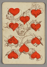 Ten of Hearts playing card from a pack of transformation playing cards. Vertically, eight figures depicted in bust view arranged in pairs, red hearts integrated into their faces, chests, and arms. At upper left, two gentlemen facing each other. At lower left, a man and woman facing away from each other. At upper right, two gentleman arguing, one sticking out his tongue. At lower right, an amorous couple.