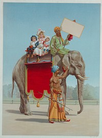 Vertical rectangle. Three children riding an elephant with a mahout who carries a blank signboard. Another mahout in a lungi, carrying a goad, leads the elephant by the ear.