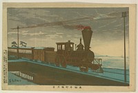 Japanese Ukiyo-e print work in 1879 shows image of early US steam locomotive with cow catcher.