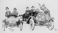 1916 political cartoon of the U.S. Presidential race by cartoonist McKee Barclay of the Baltimore "Sun". Republican and Democratic party presidential candidates are shown in automobiles about to race. At left, the Republican ticket, Vice Presidential candidate Charles Fairbanks with Presidential Candidate Charles Evans Hughes at the steering wheel, in a dented auto with worn tires, labeled "G.O.P. Promises", the radiator leaking "ice water". To the right is a larger auto labeled "Democratic Performance" holds Democratic Vice Presidential candidate Thomas R. Marshall and sitting President Woodrow Wilson behind the wheel. At far right, Uncle Sam raises a starting pistol.