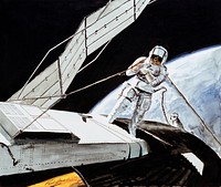 S73-27508 (6 June 1973) --- An artist's concept showing astronaut Charles Conrad Jr., Skylab 2 commander, attempting to free the solar array system wing on the Orbital Workshop during extravehicular activity at the Skylab 1 & 2 space station cluster in Earth orbit. The astronaut in the background is Joseph P. Kerwin, Skylab 2 science pilot. Here, Conrad is pushing up on the Beam Erection Tether (BET) to raise the stuck solar panel. The solar wing is only partially deployed; an aluminum strap is believed to be holding it down. Note the cut aluminum angle. Attach points for the BET are on the vent module of the solar array beam. The other end of the BET is attached to the A frame supporting the Apollo Telescope Mount (ATM) which is out of view. The aluminum strapping is to be out first, freeing the solar array beam. Then, if the beam does not automatically deploy, Conrad will attempt to help by pulling on the BET. The automatic openers may have become too cold to open without assistance. A deployed solar panel of the ATM is at upper left. The EVA is scheduled for Thursday, June 7th. This concept is by artist Paul Fjeld. Photo credit: NASA