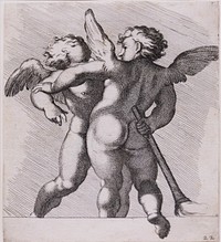 Eros and Anteros with palm-leaf shaped torch, engraving from Carlo Cesio, after Annibale Carracci, um 1657, Galleria Farnese, Palazzo Farnese, Rome