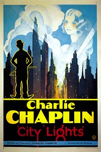 Theatrical release poster for Charlie Chaplin's 1931 film City Lights. In 2003, this poster design ranked #52 on the American Film Institute's list of the "Top 100 American Movie Poster Classics" (#51–100 via the Internet Archive), part of its 100 Years... series. More on the Top 100 American Movie Posters series at Filmsite.org and Practical-Home-Theater-Guide.com.