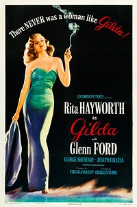 "Style B" one-sheet theatrical release poster for the 1946 film Gilda, starring Rita Hayworth.In 2003, this poster design ranked #1 on the American Film Institute's list of the "Top 100 American Movie Poster Classics" (#1–50 via the Internet Archive), part of its 100 Years... series. More on the Top 100 American Movie Posters series at Filmsite.org and Practical-Home-Theater-Guide.com.