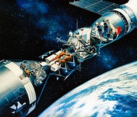 An artist's concept illustrating a cutaway view of the docked Apollo and Soyuz spacecraft in Earth orbit. This scene depicts the moment the two international crews meet in space for the first time. Two of the three American crewmen are in the Docking Module. The two Soviet crewmen are in the Soyuz spacecraft?s Orbital Module. The two crew commanders are shaking hands through the hatchway. The third American crewman is in the Apollo Command Module. During the joint U.S.-USSR Apollo-Soyuz Test Project mission, which is scheduled for July 1975, the American and Soviet crews will visit one another?s spacecraft while the Soyuz and Apollo are docked for a maximum period of two days. The mission is designed to test equipment and techniques that will establish international crew rescue capability in space, as well as permit future cooperative scientific missions. The artwork is by Davis Meltzer.