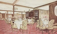 Promotional illustration in colour, launched by White Star Line, for advertise the luxiurous facilities for First Class passengers on board the new largest steamer in the World: The RMS Titanic. This postcard depict the First Class Á La Carte Restaurant on board the ship.