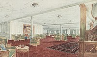 An illustration in colour, launched by White Star Line for advertise the First Class facilities on board the new largest steamers in the World: Olympic and Titanic. This postcard depict the First Class reception room on board the both liners.
