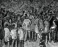 Crowds wait outside Leeds Town Hall, Leeds, West Yorkshire to hear the results of the 1880 general election won by William Gladstone (Liberal Party). The picture is titled "The general election - the result of the poll at the Town Hall, Leeds".This appears to be a woodcut, rather than a lithograph. It is a detail from a larger image.