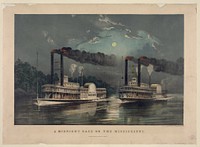 A Midnight Race on the Mississippi. The moonlit scene depicts a race between the Natchez and the Eclipse on the Lower Mississippi, in 1854; another version shows the Memphis and the James Howard. Palmer worked from a drawing made by H.D. Manning (1860) by Frances Flora Bond Palmer