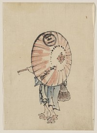 A person walking to the left, mostly obscured by an open parasol carried over the shoulder, wearing kimono and geta, and carrying a bag in right hand (1830) by Katsushika Hokusai