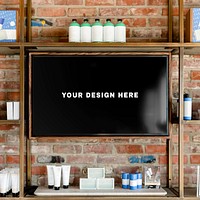 TV screen mockup psd, industrial barber shop interior