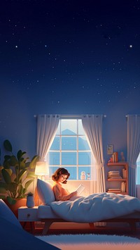 3d scene, cartoon style woman laying and playing a tablet on a bed hotel bedroom.  