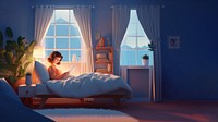 3d scene, cartoon style woman laying and playing a tablet on a bed hotel bedroom.  