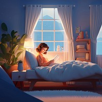 3d scene, cartoon style woman laying and playing a tablet on a bed hotel bedroom.  